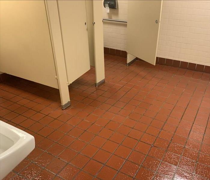 A public bathroom with tile flooring after it has been cleaned and buffed to shine