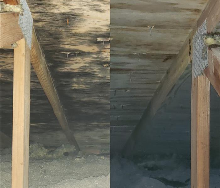 Before and after shot of wood sheathing, with black staining on the left and the cleaned result on the right
