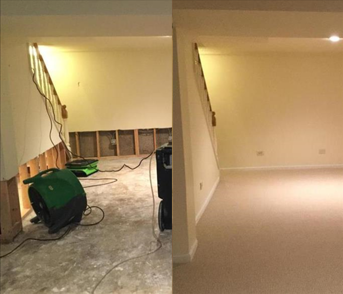 Comparison of water damage in basement - left side shows walls and floors removed, right side shows walls and floors repaired